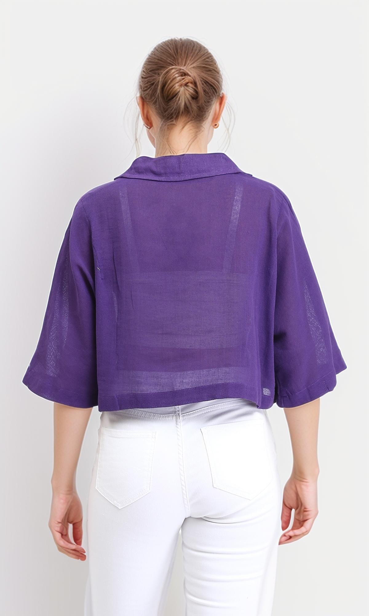 R206371 - Loose Elbow-Sleeves Textured Short Shirt - Dark Purple
