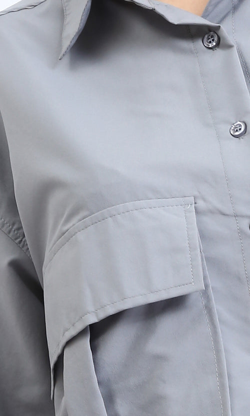 R206376 - Solid Long Sleeves Short Shirt - Medium Grey