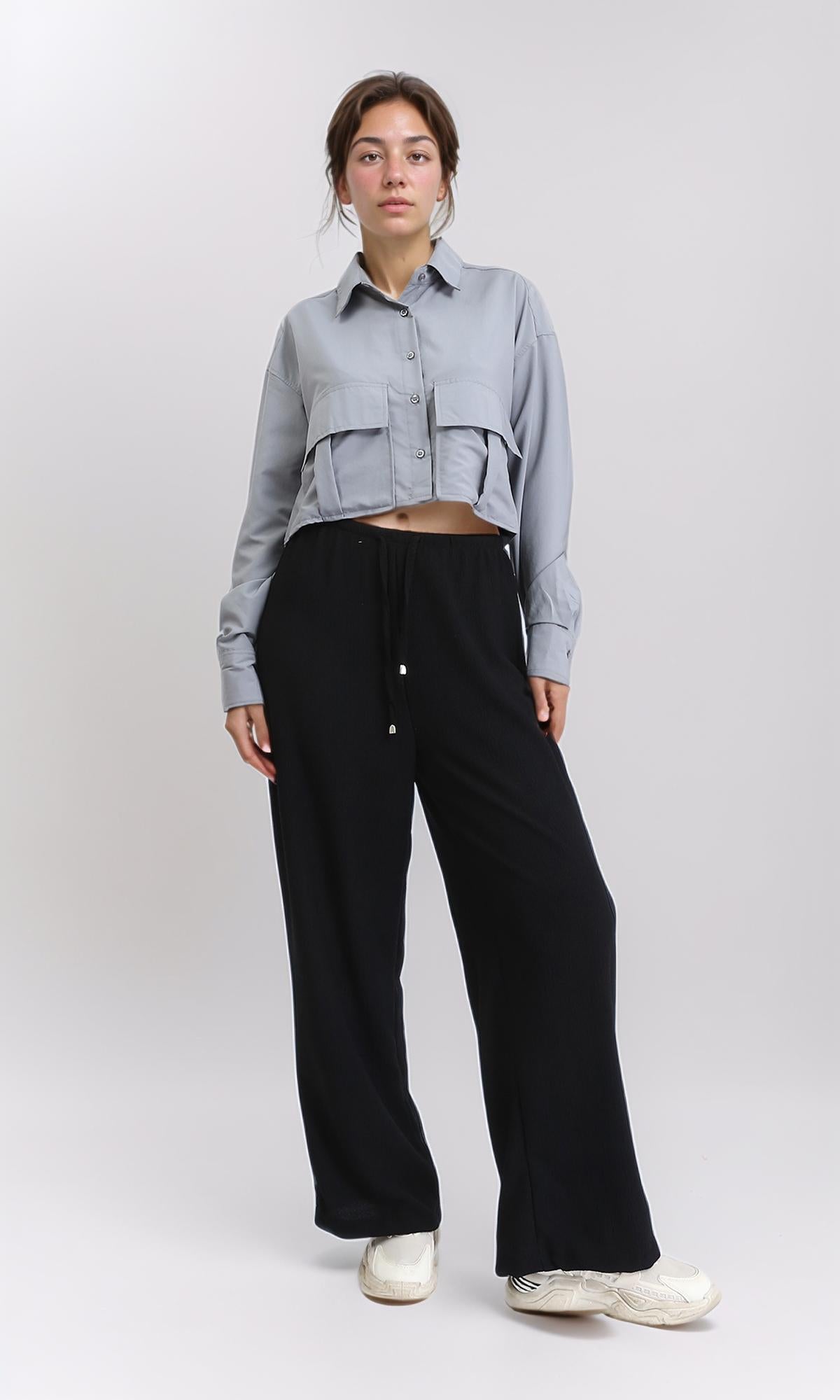 R206376 - Solid Long Sleeves Short Shirt - Medium Grey