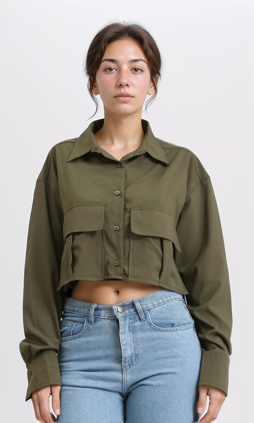 R206377 - Solid Long Sleeves Short Shirt - Dark Army Green