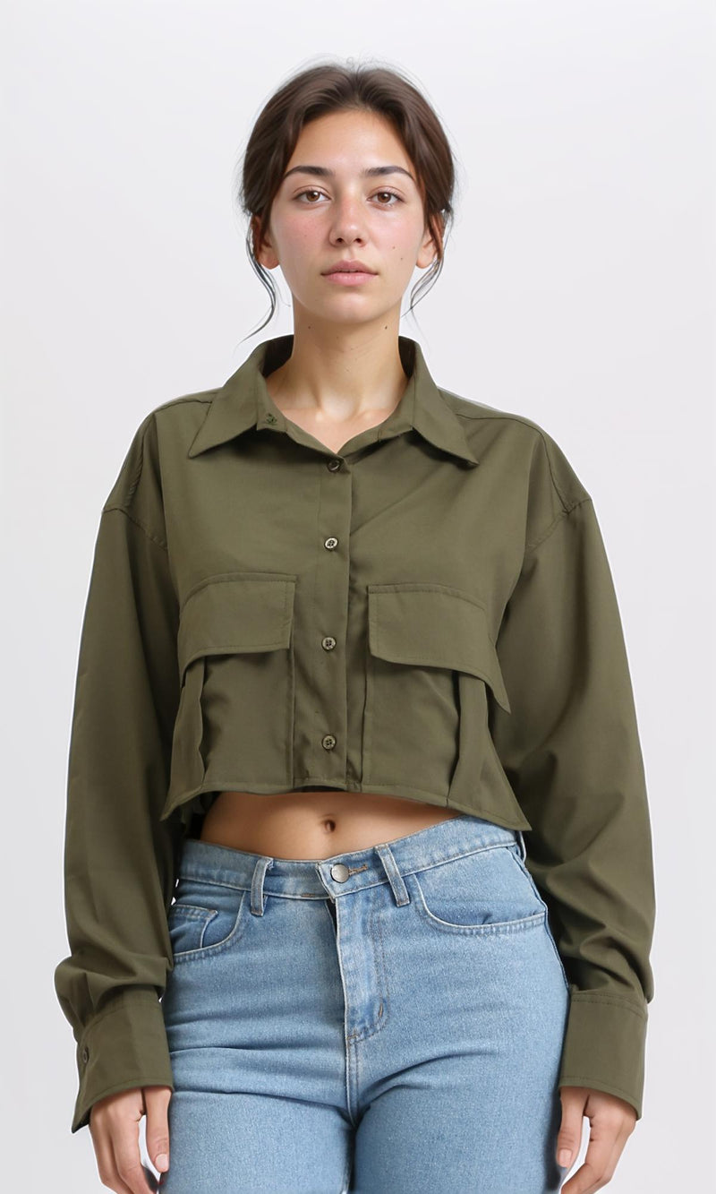 R206377 - Solid Long Sleeves Short Shirt - Dark Army Green