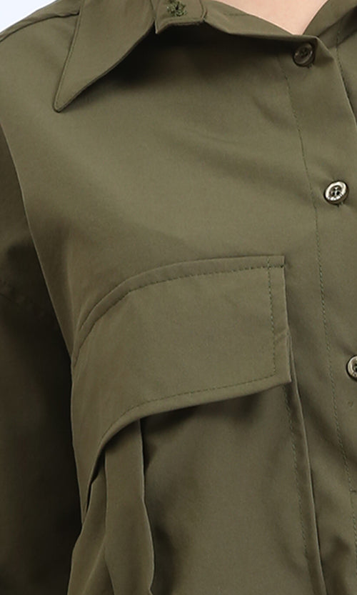 R206377 - Solid Long Sleeves Short Shirt - Dark Army Green