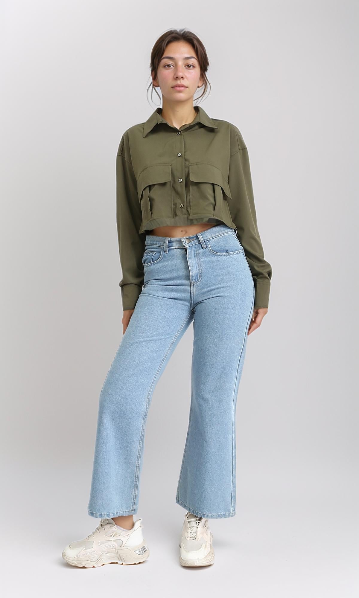R206377 - Solid Long Sleeves Short Shirt - Dark Army Green