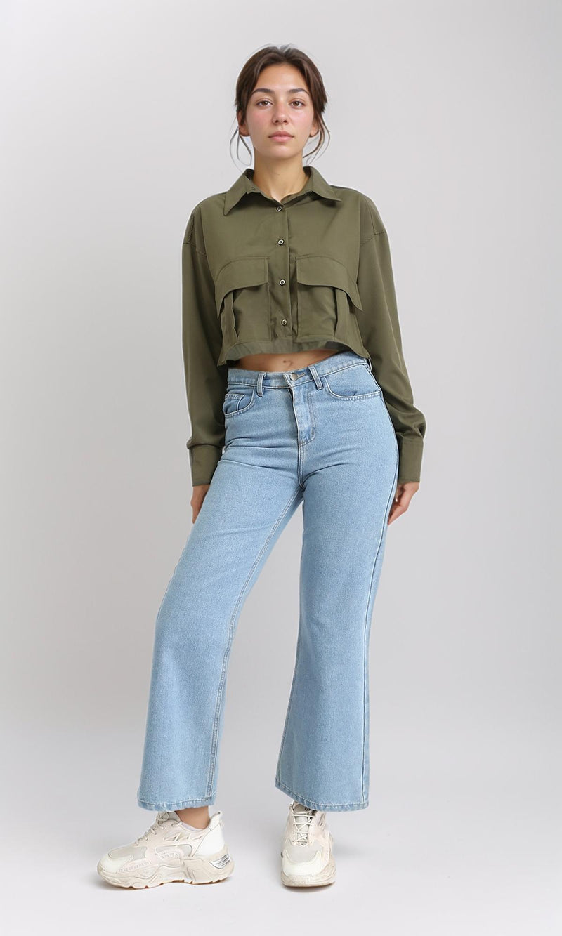 R206377 - Solid Long Sleeves Short Shirt - Dark Army Green