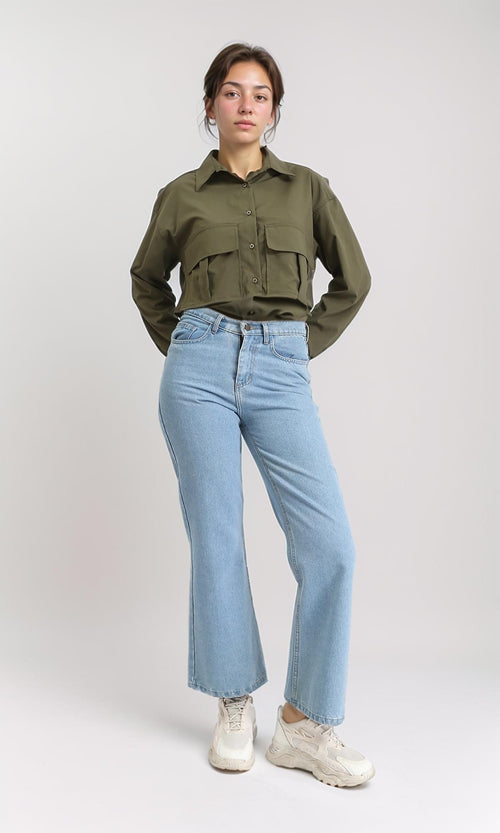 R206377 - Solid Long Sleeves Short Shirt - Dark Army Green