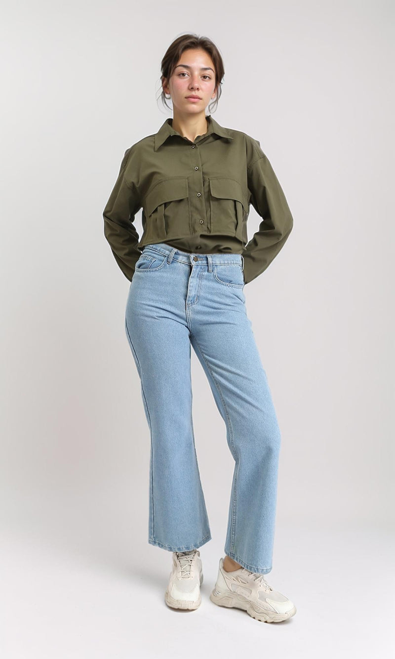 R206377 - Solid Long Sleeves Short Shirt - Dark Army Green