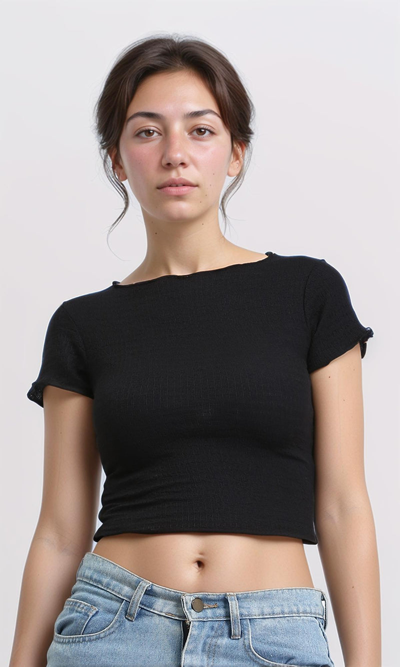 R206378 - Boat Neck Comfy Elastic Top - Black