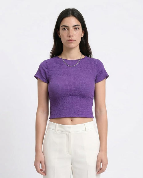 Women's Popcorn Textured Lettuce-Edge Cropped Tee - Purple