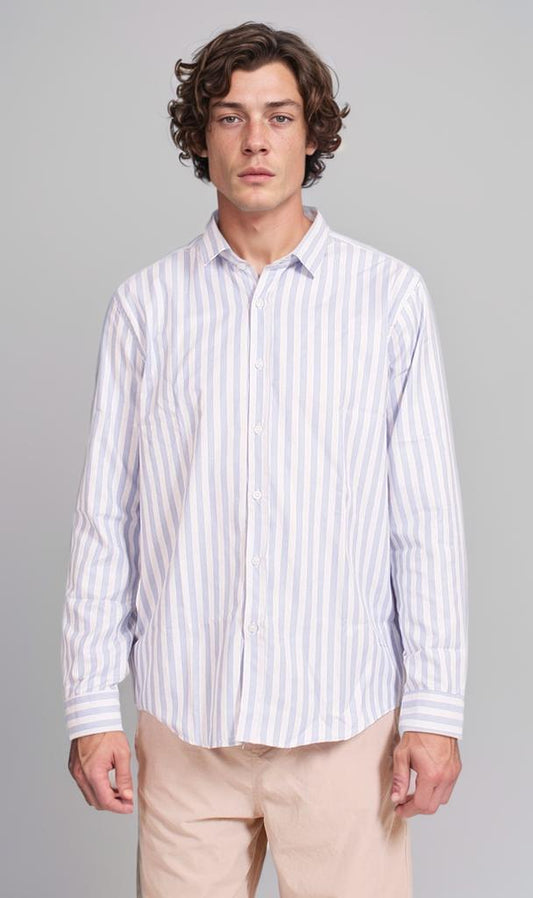 R206385 - Striped Ready Garment Button-Up Shirt - Light Blue & White