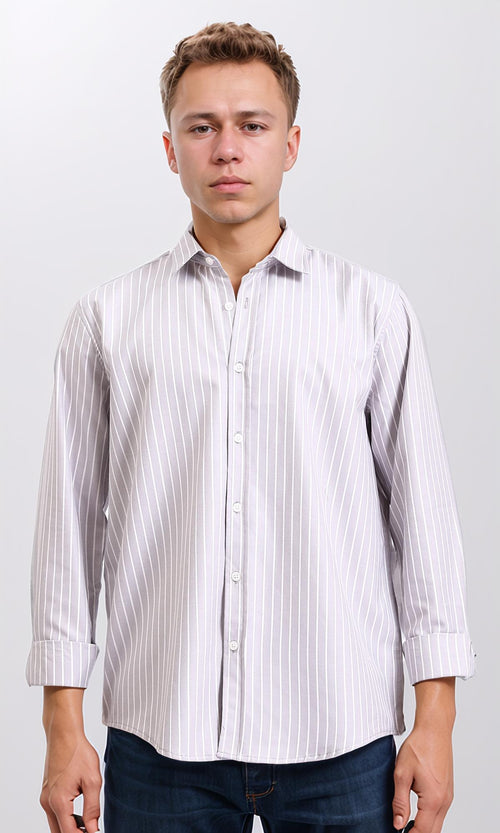 R206387 - Striped Long Sleeves Cotton Shirt - Light Grey & White