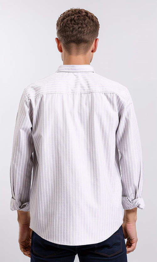 R206387 - Striped Long Sleeves Cotton Shirt - Light Grey & White