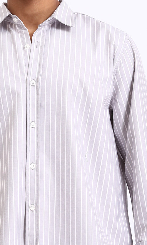R206387 - Striped Long Sleeves Cotton Shirt - Light Grey & White