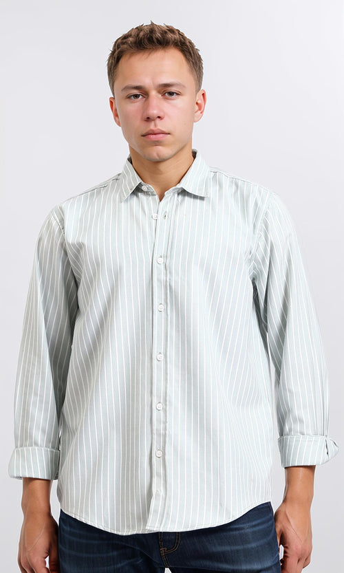 R206388 - Striped Long Sleeves Cotton Shirt - Mint & White