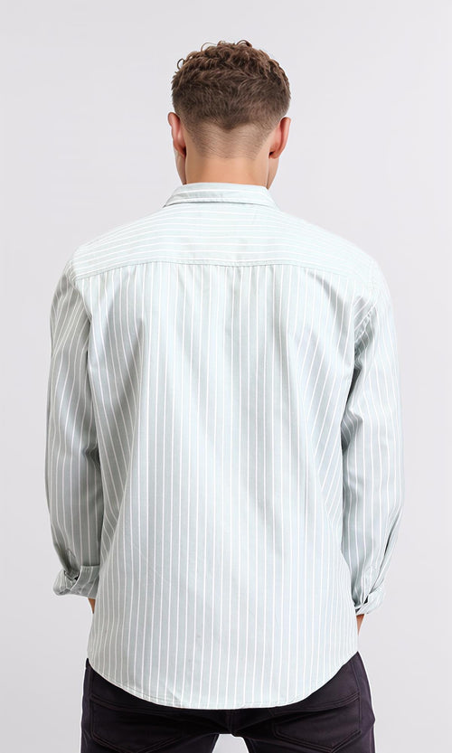 R206388 - Striped Long Sleeves Cotton Shirt - Mint & White