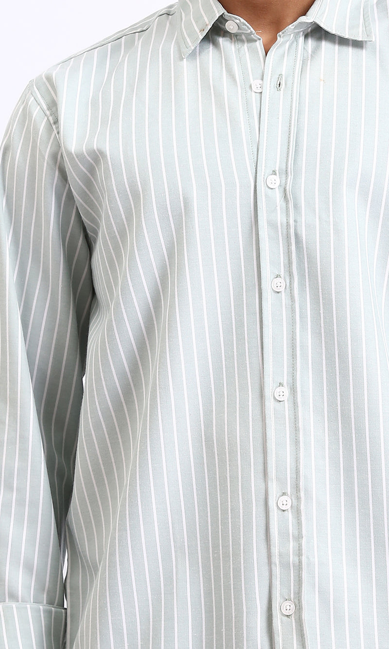 R206388 - Striped Long Sleeves Cotton Shirt - Mint & White