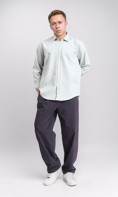R206388 - Striped Long Sleeves Cotton Shirt - Mint & White