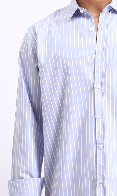 R206389 - Striped Long Sleeves Cotton Shirt - Pastel Blue & White