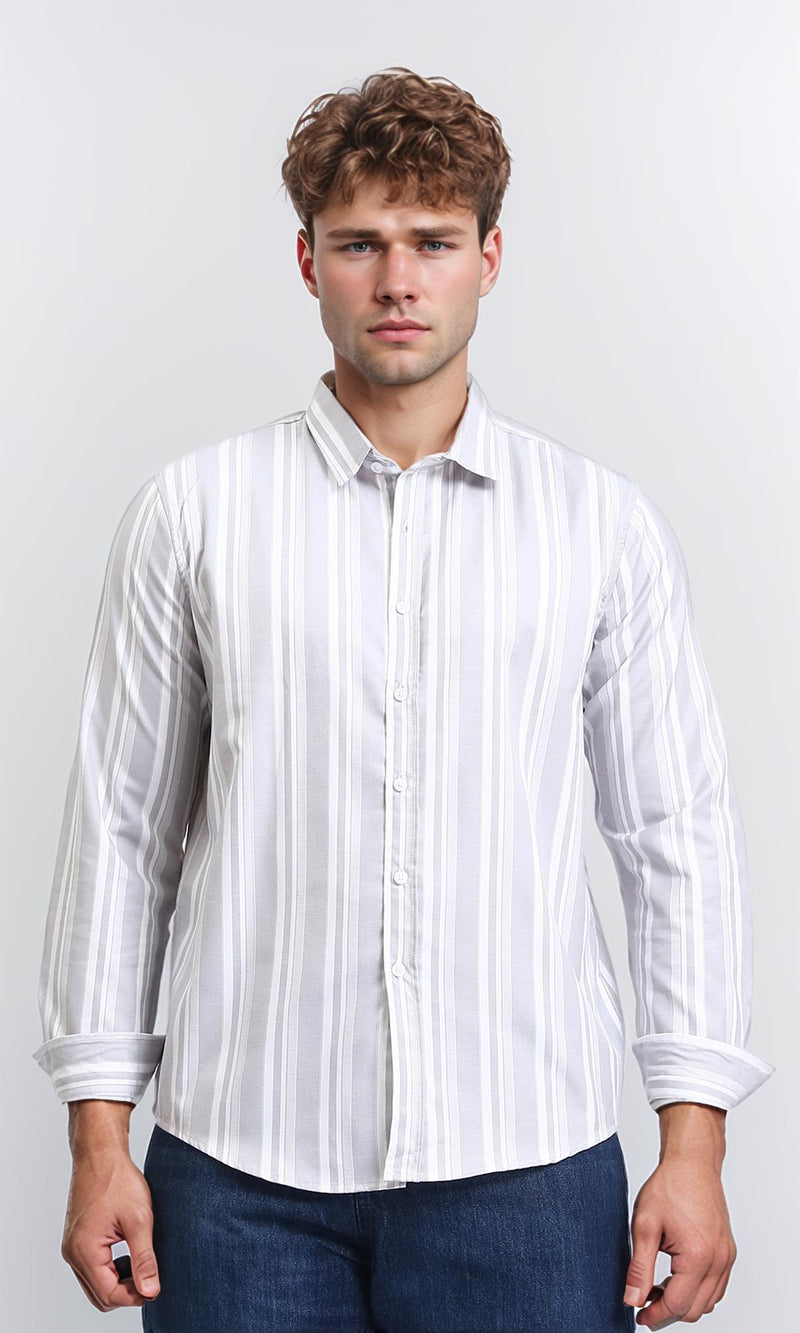 R206390 - Unbalanced Stripes Long Sleeves Shirt - Grey & White