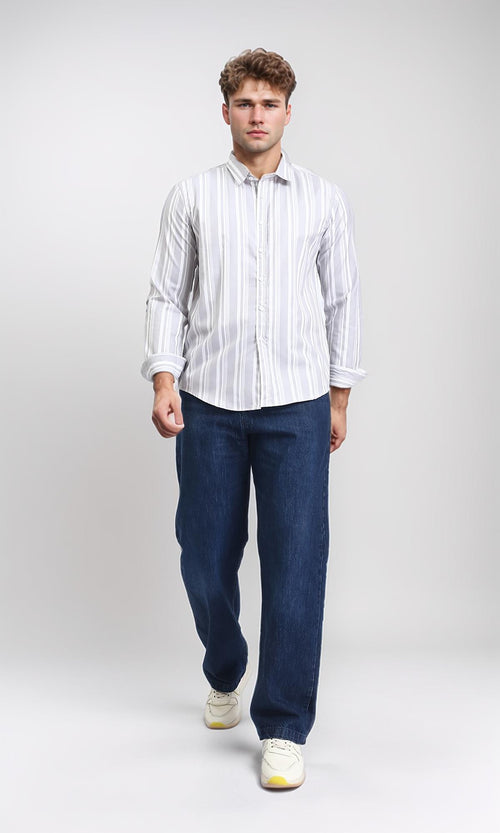R206390 - Unbalanced Stripes Long Sleeves Shirt - Grey & White