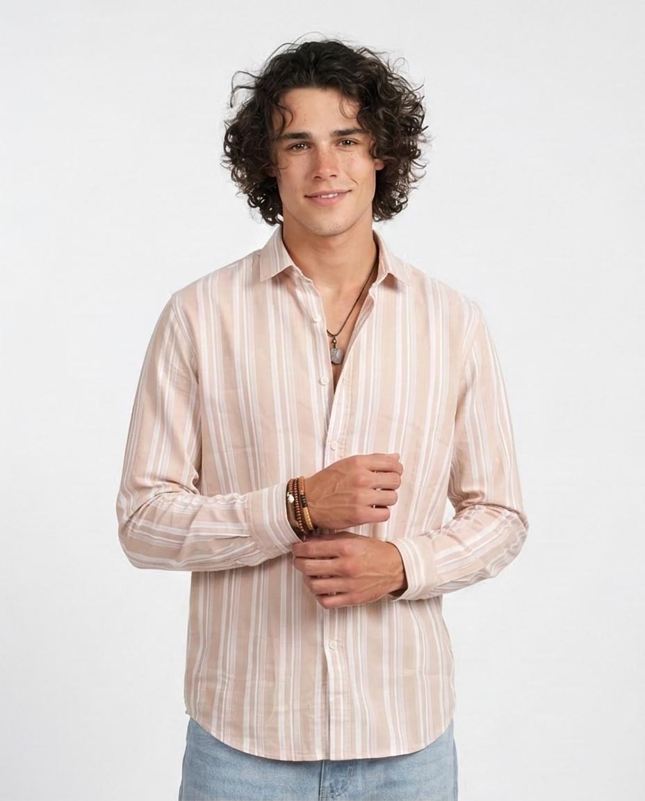 Man wearing a striped shirt on a white background