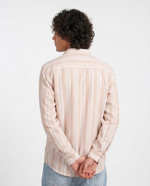 R206392 Men's Beige & White Vertical Striped Long-Sleeve Shirt
