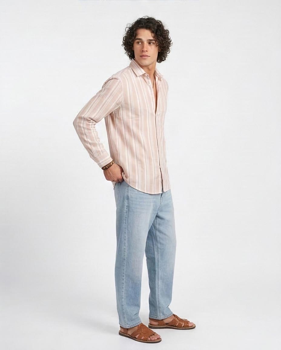 R206392 Men's Beige & White Vertical Striped Long-Sleeve Shirt