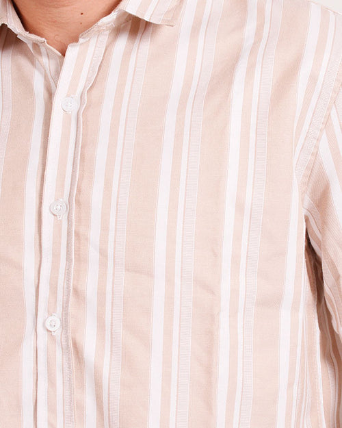 R206392 Men's Beige & White Vertical Striped Long-Sleeve Shirt