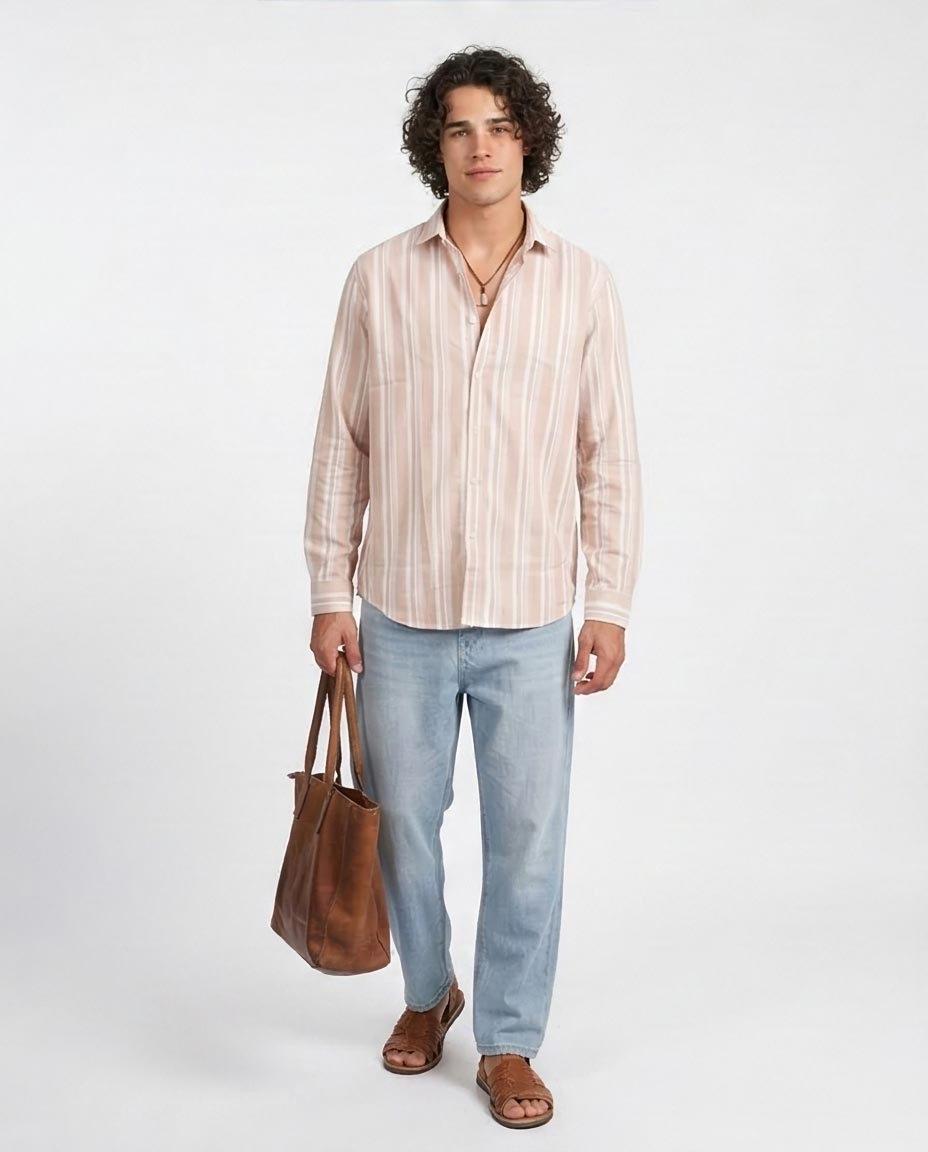 R206392 Men's Beige & White Vertical Striped Long-Sleeve Shirt