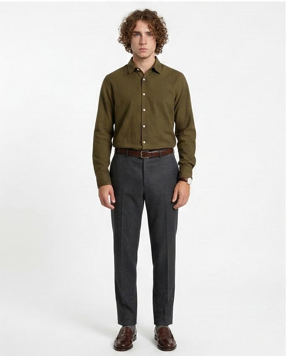 Ravin Men’s Tailored Fit Olive Green Long-Sleeve Shirt - Textured Cotton Blend - R206395