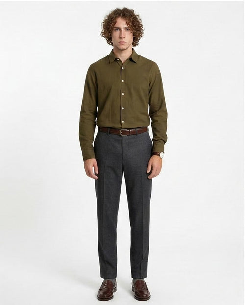 Ravin Men’s Tailored Fit Olive Green Long-Sleeve Shirt - Textured Cotton Blend - R206395