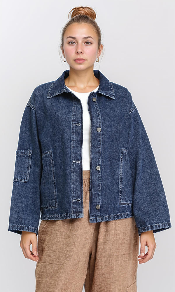 R206401 - Wide Long Sleeves Denim Jacket - Navy Blue