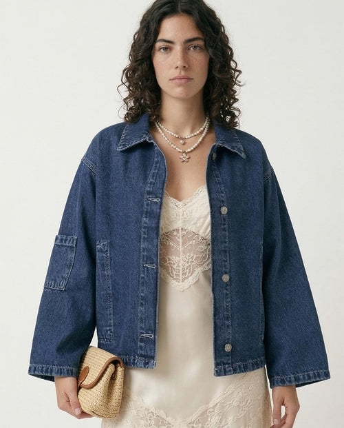 Oversized Utility Denim Trucker Jacket - Navy Blue