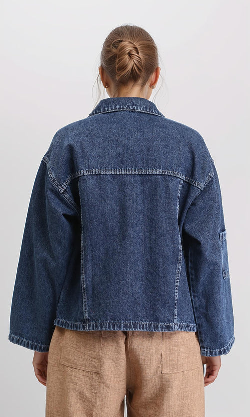 R206401 - Wide Long Sleeves Denim Jacket - Navy Blue