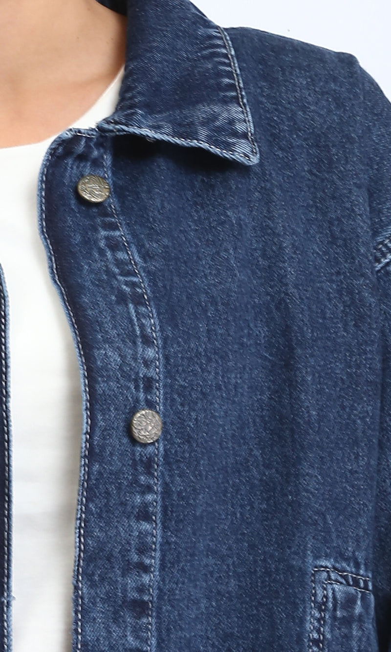 R206401 - Wide Long Sleeves Denim Jacket - Navy Blue
