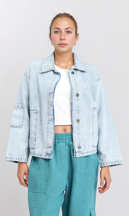 R206402 - Wide Long Sleeves Denim Jacket - Ice Blue