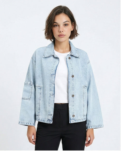Wide Long Sleeves Denim Jacket - Ice Blue