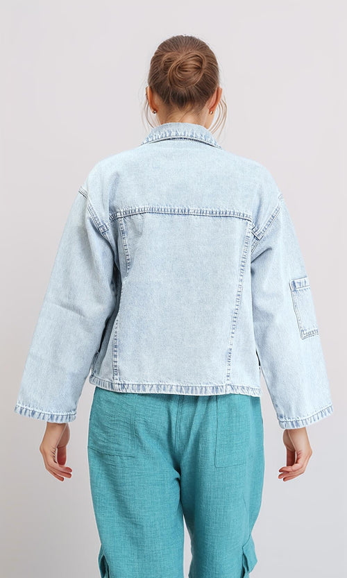 R206402 - Wide Long Sleeves Denim Jacket - Ice Blue