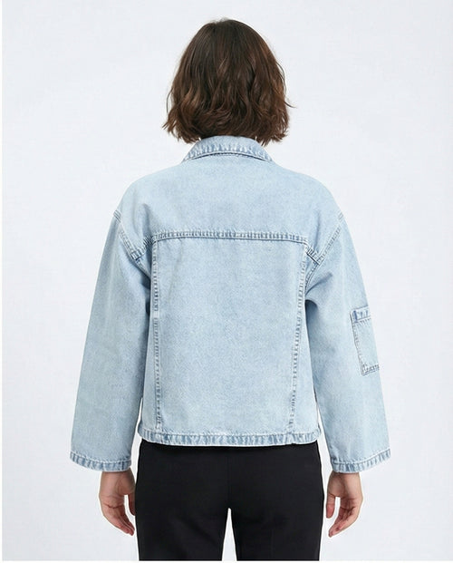R206402 - Wide Long Sleeves Denim Jacket - Ice Blue