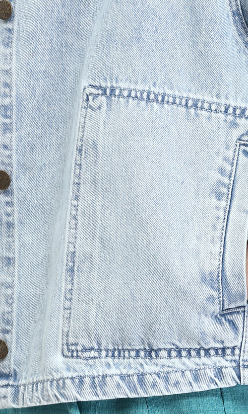 R206402 - Wide Long Sleeves Denim Jacket - Ice Blue