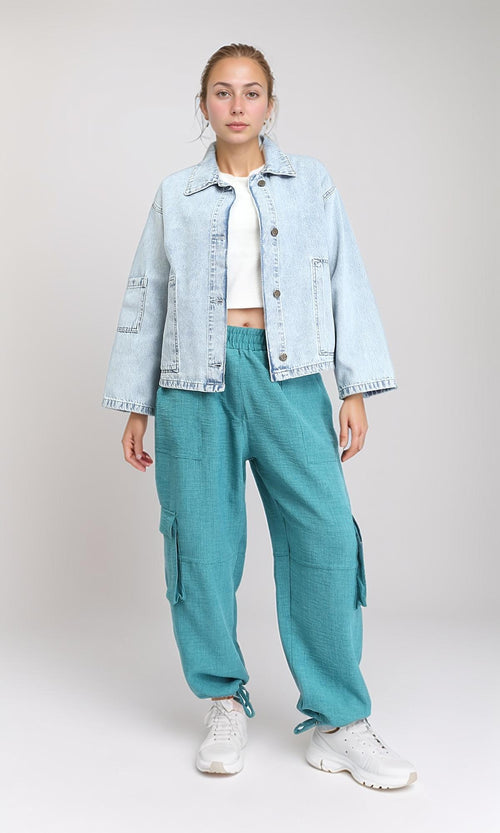 R206402 - Wide Long Sleeves Denim Jacket - Ice Blue