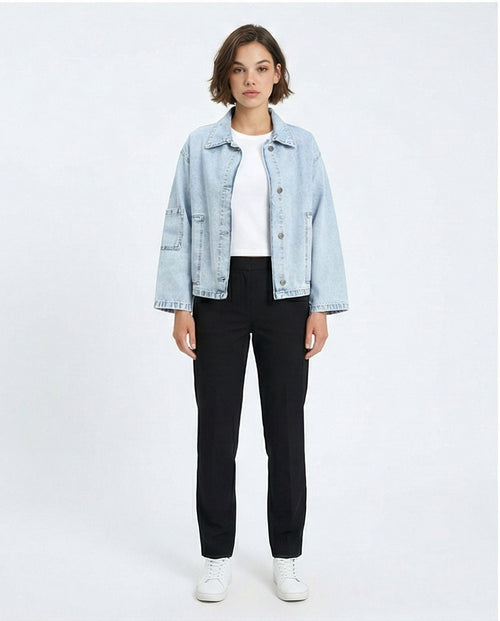 R206402 - Wide Long Sleeves Denim Jacket - Ice Blue