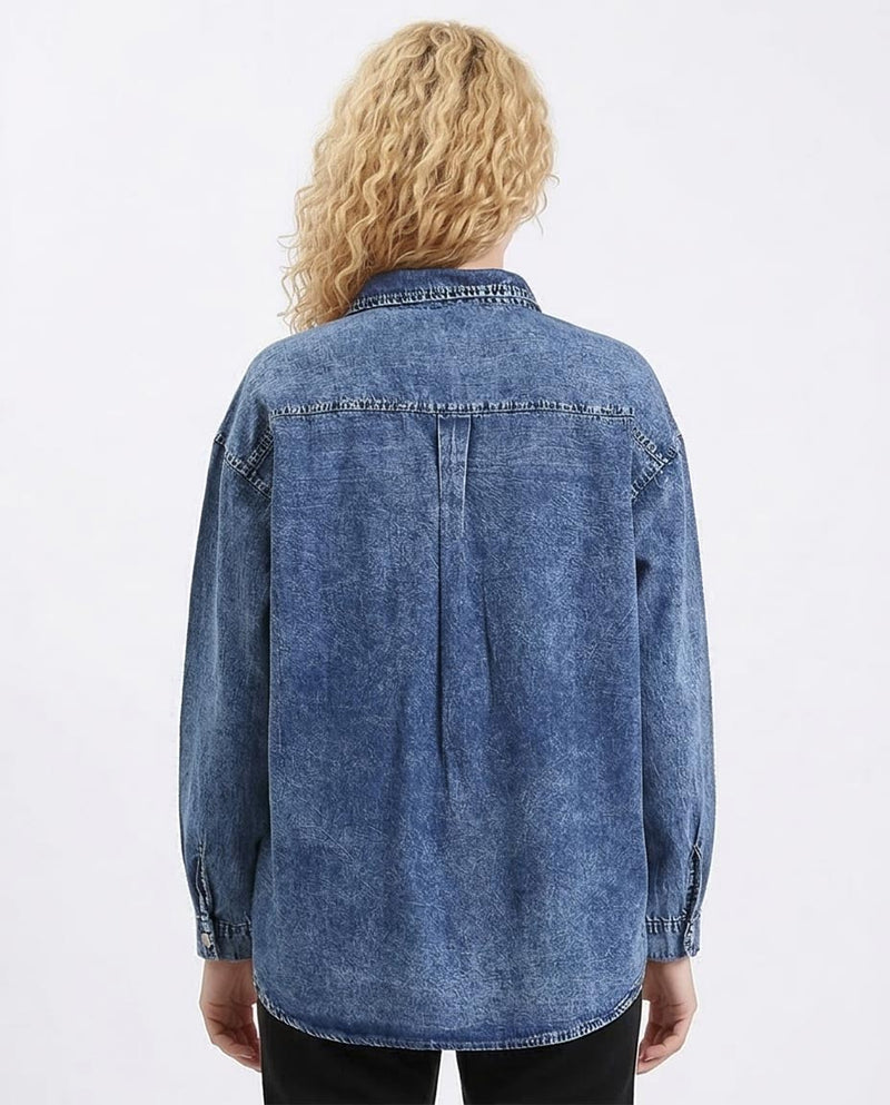 Ravin Acid-Wash Oversized Denim Shirt with Single Flap Pocket – Indigo Blue - R206407