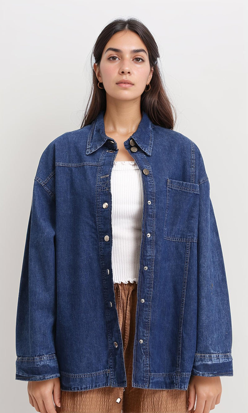 R206408 - Solid Long Sleeves Denim Shirt - Navy Blue