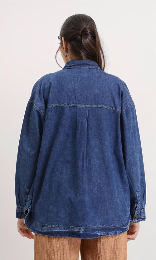 R206408 - Solid Long Sleeves Denim Shirt - Navy Blue