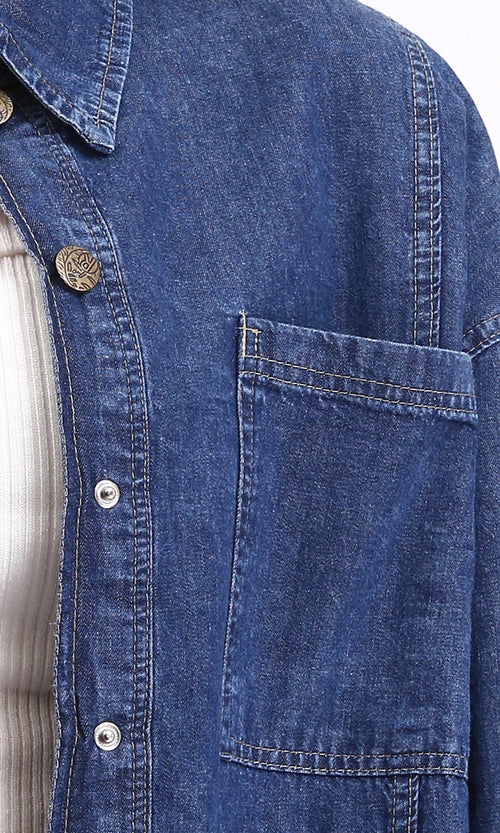 R206408 - Solid Long Sleeves Denim Shirt - Navy Blue
