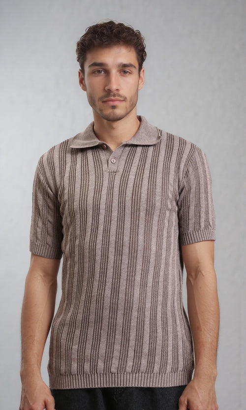R206414 - Knitted Polo Shirt with Classic Collar - Taupe