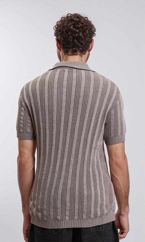 R206414 - Knitted Polo Shirt with Classic Collar - Taupe