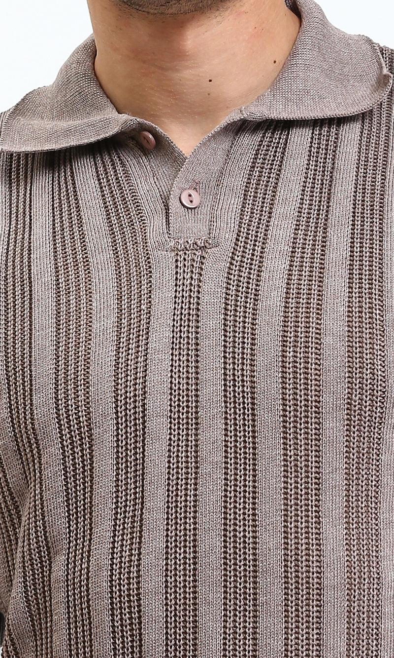 R206414 - Knitted Polo Shirt with Classic Collar - Taupe