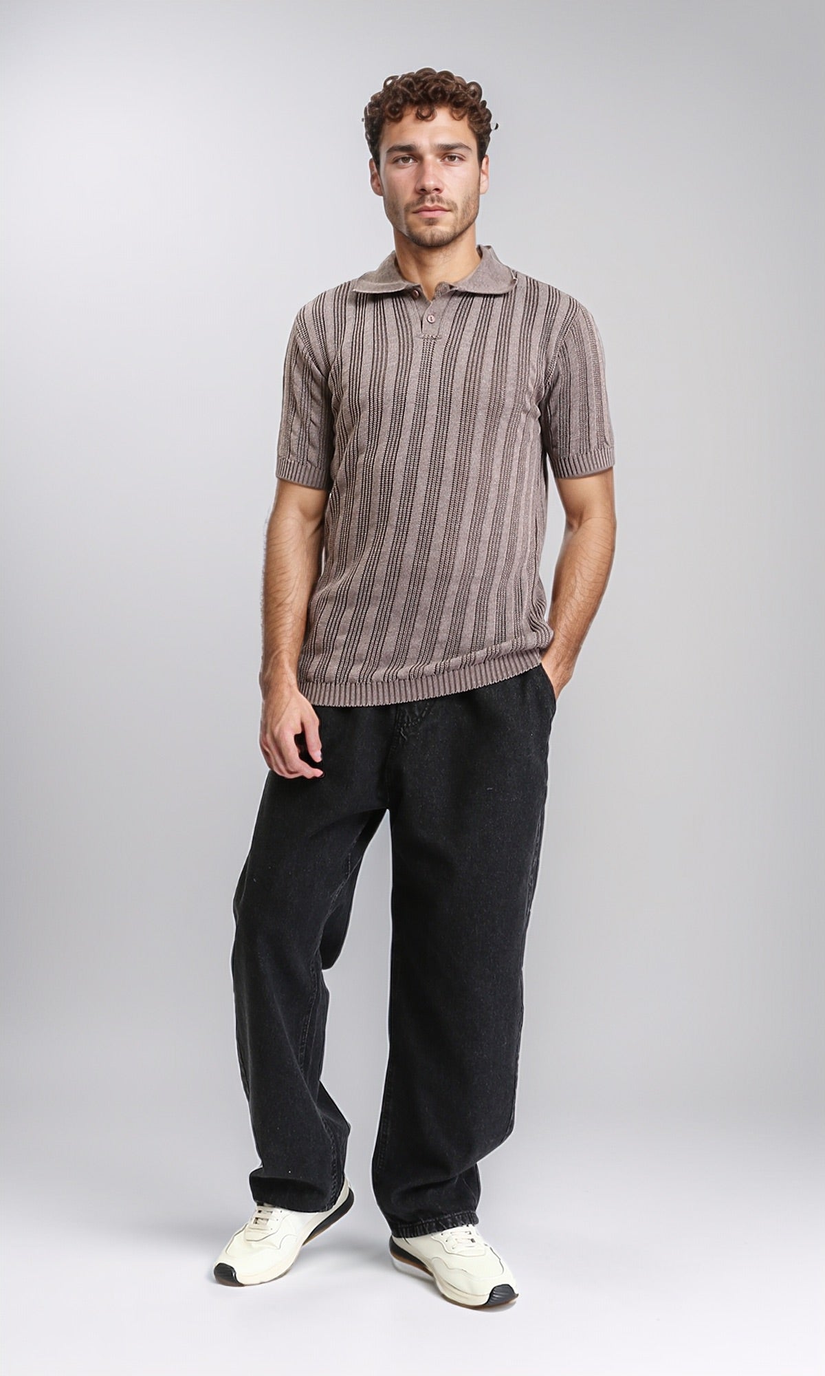 R206414 - Knitted Polo Shirt with Classic Collar - Taupe