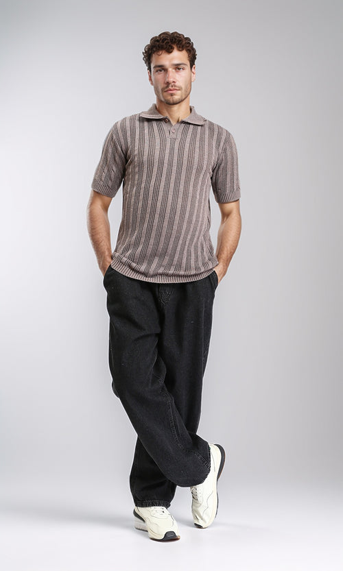 R206414 - Knitted Polo Shirt with Classic Collar - Taupe